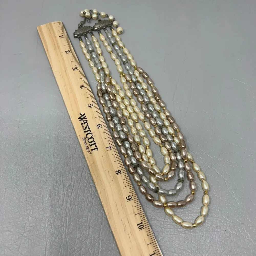 Vintage Liz Claiborne‎ Multi Strand Necklace Faux Pearl White Pink Gray
